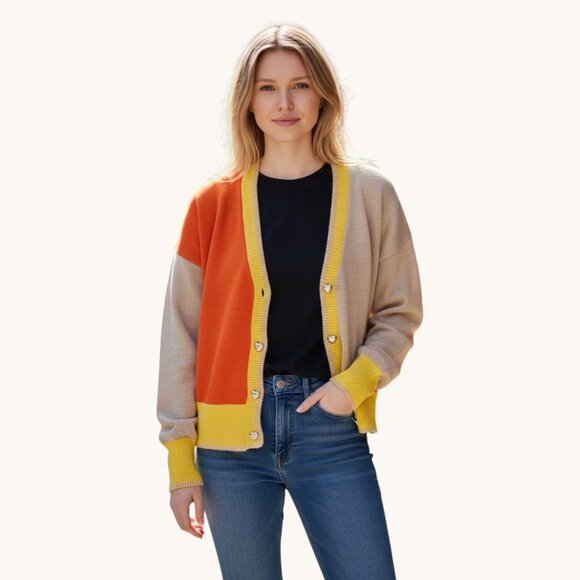 kerri rosenthal Sweaters - XOKR Kerri Rosenthal Heart Sunshine Color Block Cardigan V Neck Long Sleeves Med
